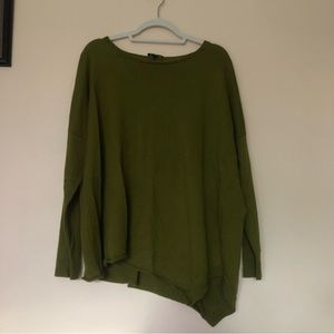 Eileen Fisher asymmetrical olive long sleeve wide scoop neck wool sweater